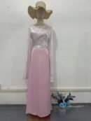 Elegant Summer Sheer Bell Sleeve Slim Satin Maxi Dress – Trendy Party Wear