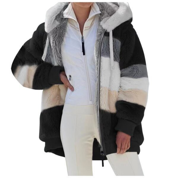 Autumn and Winter Warm Plush Patchwork Zipper Pocket Hooded Loose Coat Women - Image 5