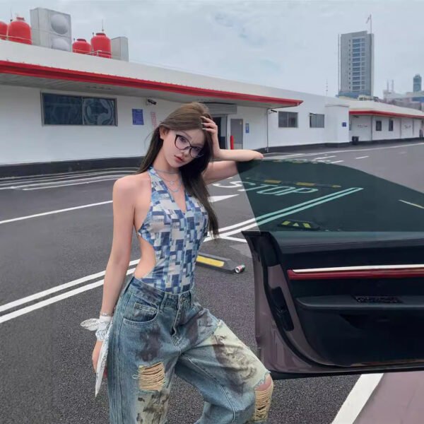 Retro Tie-dye Wasteland Wind Ripped Wide-leg Jeans Women's Summer Design Sense High Waist Thin Straight Mopping Pants - Image 3