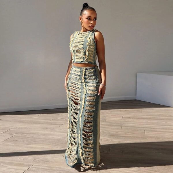 Denim Suit Set - Asymmetric Vest & High-Slit Skirt | Y2K Streetwear Coord Outfit - Image 2