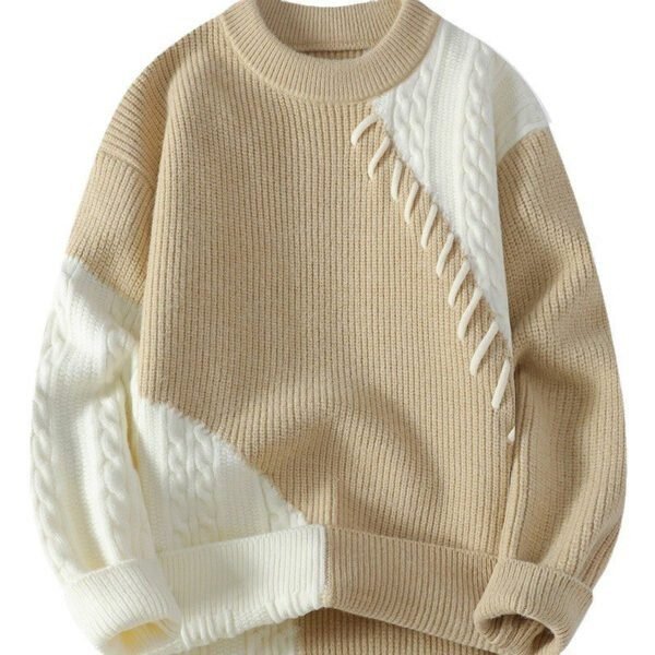 Contrasting Color Crew Neck Pullover Sweater Men's Spring Autumn Winter New Knitted Loose Casual Long-sleeved Bottoming - Image 5