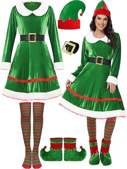 Women's Christmas Elf Costume Set Velvet Dress Belt Striped Over Knee Stockings Elf Hat Character 10 O1CN01McJTxa1wq1AIaNfkH 3050316358 0 cib