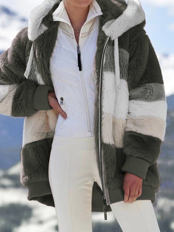Autumn and Winter Warm Plush Patchwork Zipper Pocket Hooded Loose Coat Women - Image 13