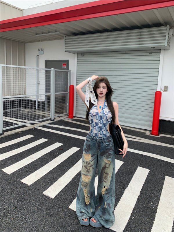 Retro Tie-dye Wasteland Wind Ripped Wide-leg Jeans Women's Summer Design Sense High Waist Thin Straight Mopping Pants - Image 8