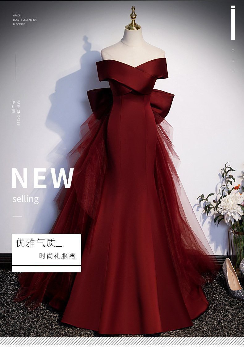 Toast Clothes Burgundy Fishtail New Vocal Art Test Evening Dress Women's Annual Meeting Host One-word Shoulder Light Wedding Dress 35 O1CN01Oafm0h1ztcz3pAFBg 2215691076772 0 cib