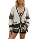 Autumn and Winter Hot Sale Knitted Jacket V-neck Large Size Pocket Color Matching Cardigan Sweater Women