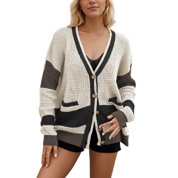 Autumn and Winter Hot Sale Knitted Jacket V-neck Large Size Pocket Color Matching Cardigan Sweater Women - Image 2