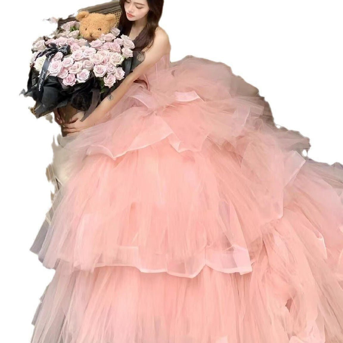 Pink Evening Dress Women's High-end Tube Top Light Wedding Dress French Banquet Light Dress Adult Dress Trailing Princess Dress 5 Pink Evening Dress Women's High-end Tube Top Light Wedding Dress French Banquet Light Dress Adult Dress Trailing Princess Dress - Image 5