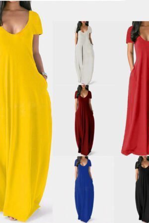 Summer Trending Plus Size Solid Color Maxi Dress - Sexy Deep V-Neck Short Sleeve