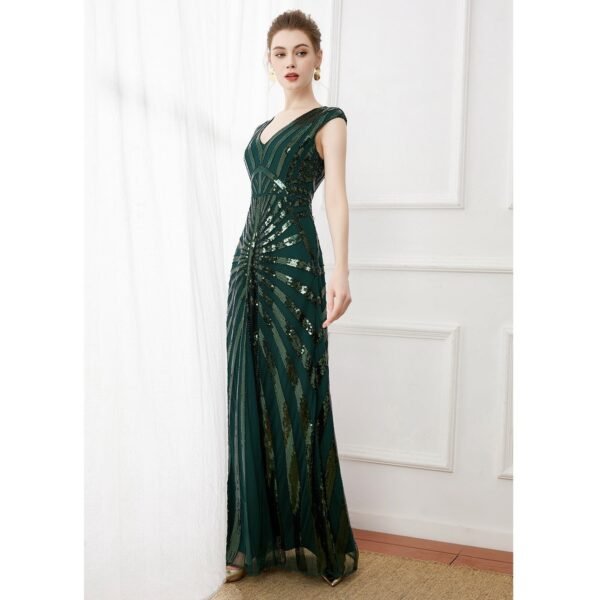 Vintage banquet dark green long sequined evening dress plus size bridesmaid wedding dress deep V elegant dress long dress - Image 2