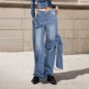 Women's Patch Pocket Jeans High Waist and Butterfly Tie Design Street Casual Style Solid Color Wide Leg Pants