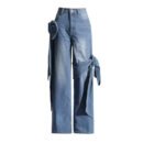 Women's Patch Pocket Jeans High Waist and Butterfly Tie Design Street Casual Style Solid Color Wide Leg Pants