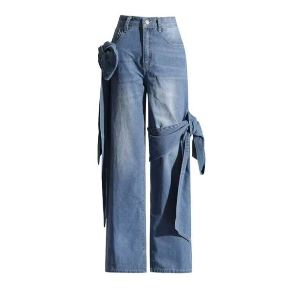 Women's Patch Pocket Jeans High Waist and Butterfly Tie Design Street Casual Style Solid Color Wide Leg Pants - Image 5