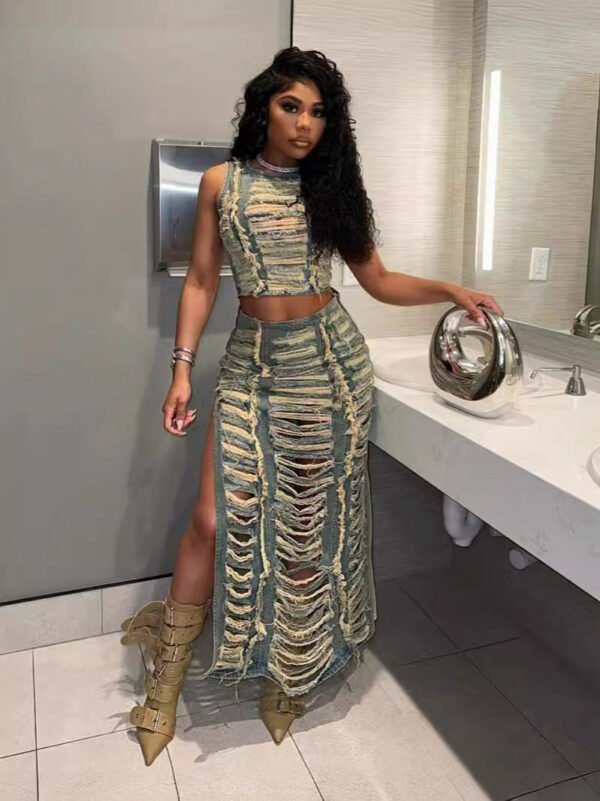 Denim Suit Set - Asymmetric Vest & High-Slit Skirt | Y2K Streetwear Coord Outfit - Image 6
