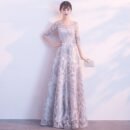 Evening dress new banquet host long thin sleeveless temperament socialite lace champagne dress