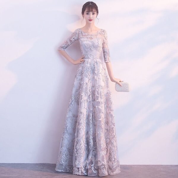 Evening dress new banquet host long thin sleeveless temperament socialite lace champagne dress - Image 9