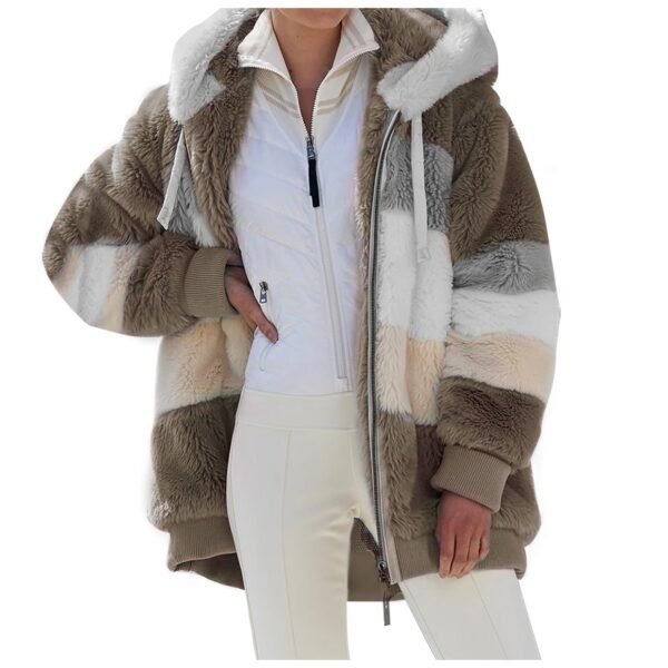 Autumn and Winter Warm Plush Patchwork Zipper Pocket Hooded Loose Coat Women - Image 2