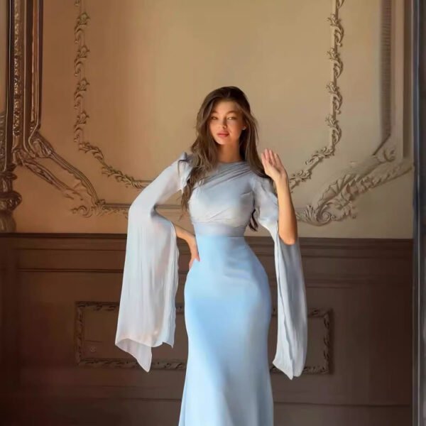 Elegant Summer Sheer Bell Sleeve Slim Satin Maxi Dress – Trendy Party Wear - Image 3