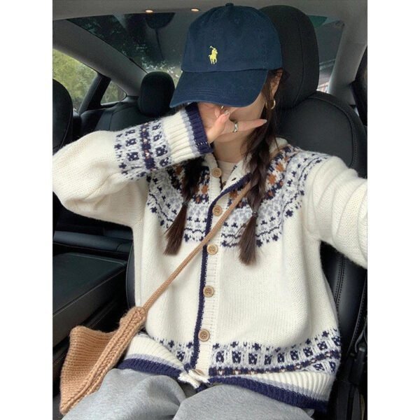 Vintage Fair Island Jacquard Knitted Cardigan Women's Autumn and Winter New Soft Waxy Sweater Jacket - Image 4