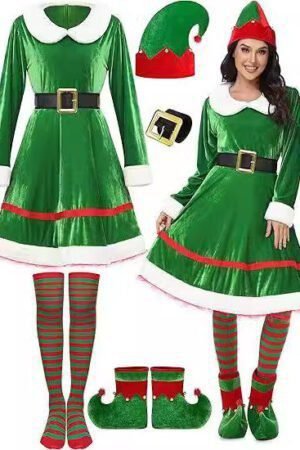 Women's Christmas Elf Costume Set Velvet Dress Belt Striped Over Knee Stockings Elf Hat Character