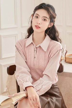 Spring New Sweet Fake Two-piece Contrasting Striped Long-sleeved Shirt Women's Design Sense Splicing Knitted Top