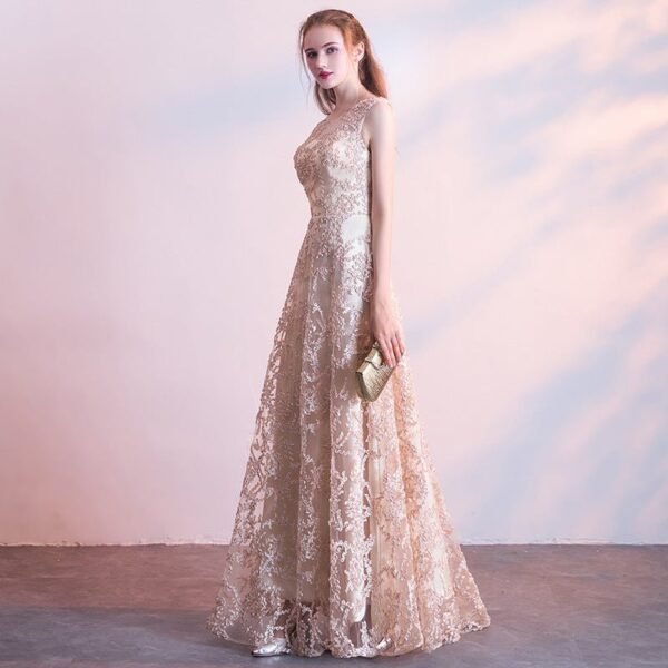 Evening dress new banquet host long thin sleeveless temperament socialite lace champagne dress - Image 3