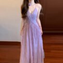 Summer Viral Backless Lilac Suspender Dress for Girls | French-Inspired Seaside Vacation Dress with Breathable Beachwear Design