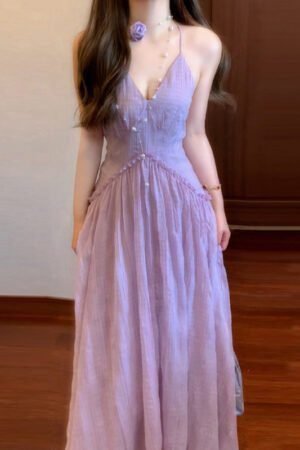 Summer Viral Backless Lilac Suspender Dress for Girls | French-Inspired Seaside Vacation Dress with Breathable Beachwear Design
