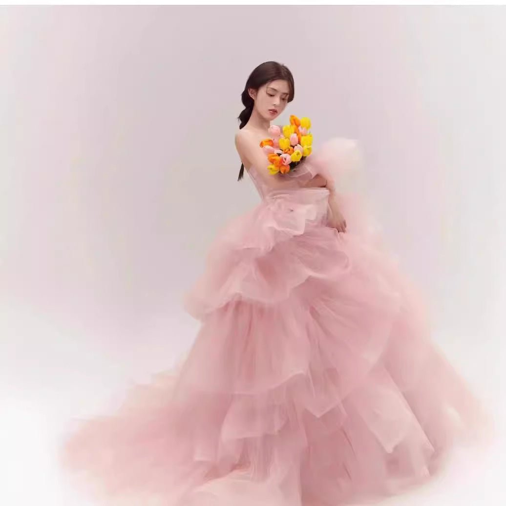 Pink Evening Dress Women's High-end Tube Top Light Wedding Dress French Banquet Light Dress Adult Dress Trailing Princess Dress 4 Pink Evening Dress Women's High-end Tube Top Light Wedding Dress French Banquet Light Dress Adult Dress Trailing Princess Dress - Image 4