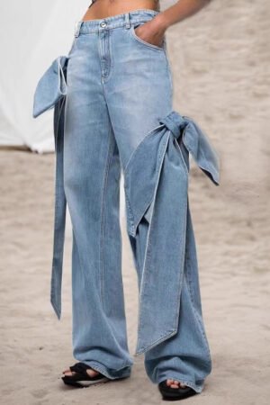 Women's Patch Pocket Jeans High Waist and Butterfly Tie Design Street Casual Style Solid Color Wide Leg Pants