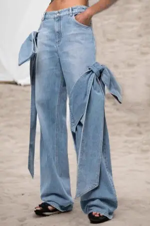 Women's Patch Pocket Jeans High Waist and Butterfly Tie Design Street Casual Style Solid Color Wide Leg Pants