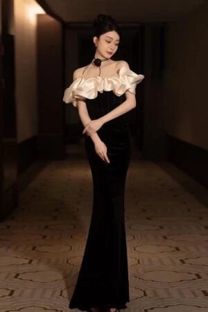 Evening Dress Women's Black One-word Shoulder Temperament High-end Fishtail Senior Sense Adult Ceremony Banquet Dress Light Luxury Niche