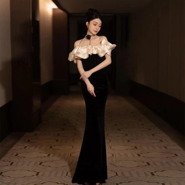 Evening Dress Women's Black One-word Shoulder Temperament High-end Fishtail Senior Sense Adult Ceremony Banquet Dress Light Luxury Niche