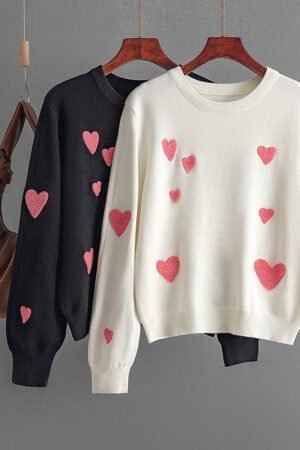2024 autumn and winter new love flocking embroidery round neck long sleeve knitted sweater pullover bottoming shirt top women