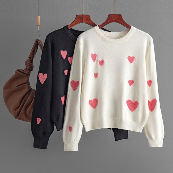 2024 autumn and winter new love flocking embroidery round neck long sleeve knitted sweater pullover bottoming shirt top women - Image 6