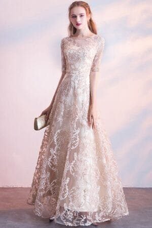Evening dress new banquet host long thin sleeveless temperament socialite lace champagne dress