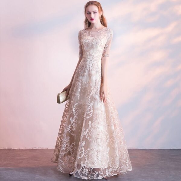 Evening dress new banquet host long thin sleeveless temperament socialite lace champagne dress