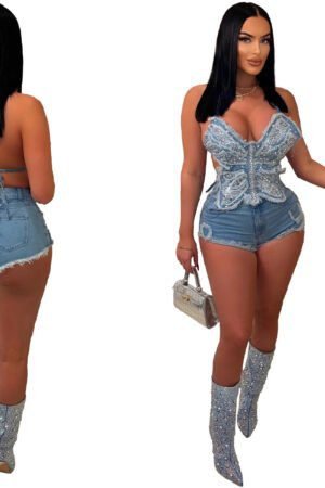 Sparkling Butterfly Strap Denim Top - Distressed Wash & Raw Hem for Summer Vibes