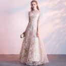 Evening dress new banquet host long thin sleeveless temperament socialite lace champagne dress