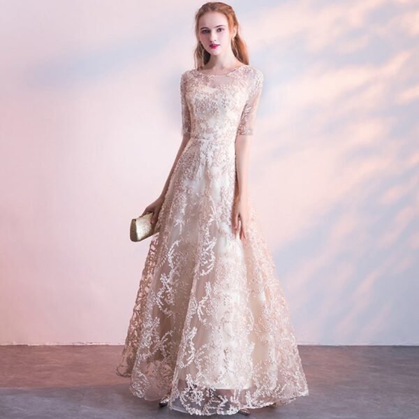 Evening dress new banquet host long thin sleeveless temperament socialite lace champagne dress - Image 10