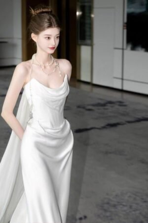 Light Wedding Dress White Trailing Wedding Bride Toast Engagement Evening Dress High Sense Satin Tube Top Dress Women