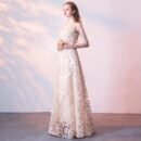 Evening dress new banquet host long thin sleeveless temperament socialite lace champagne dress