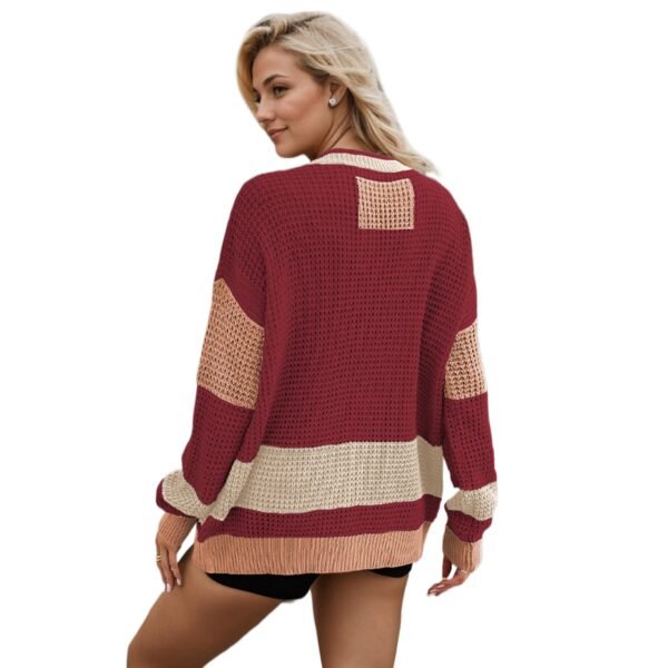 Autumn and Winter Hot Sale Knitted Jacket V-neck Large Size Pocket Color Matching Cardigan Sweater Women - Image 4