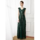 Vintage banquet dark green long sequined evening dress plus size bridesmaid wedding dress deep V elegant dress long dress