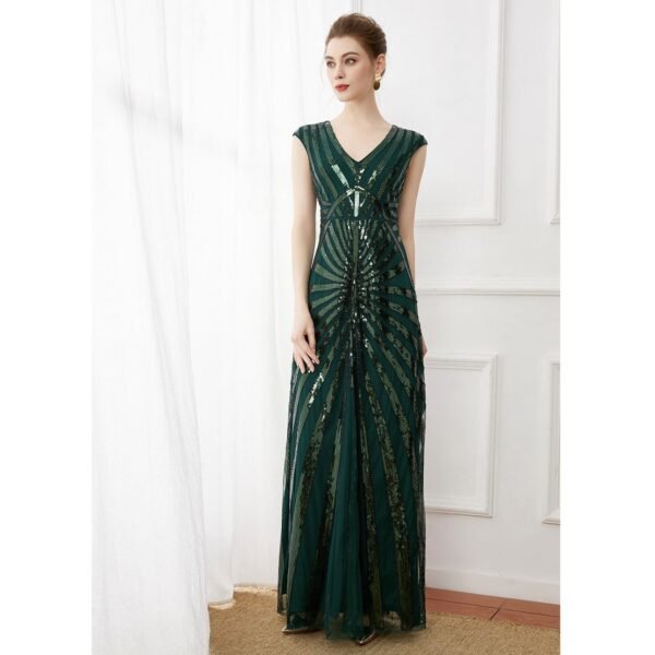 Vintage banquet dark green long sequined evening dress plus size bridesmaid wedding dress deep V elegant dress long dress - Image 7