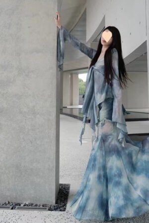 Summer New Retro Top Women's Pure Desire Blue Gradual Change Tie-dye Ruffle Leaf Edge Streamer Horn Sleeve Shirt