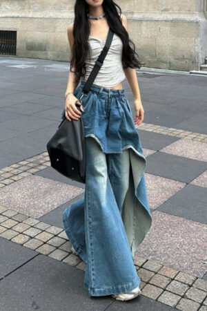 Slightly Fat Spice Girl Design Sense Irregular Splicing Jeans Autumn and Winter New Fake Two-piece Thin Flared Pants
