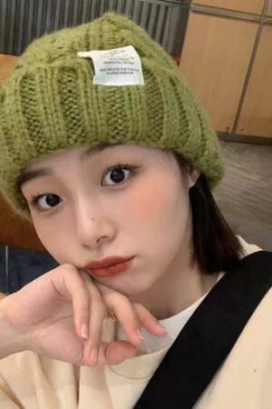2PCS- Women's Rough Knitted Hat-Autumn and Winter Versatile Big Head Circumference Green Loose Ins Tide Shows Small Face