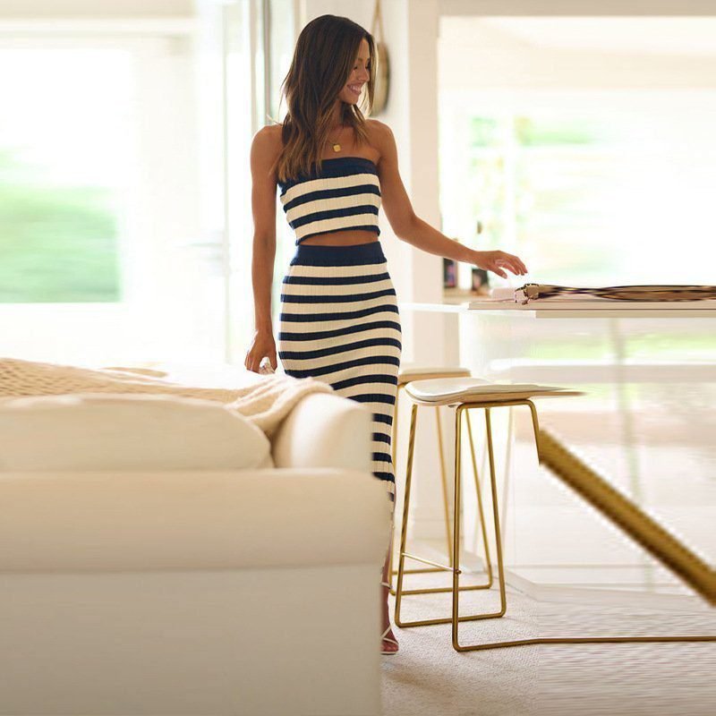 New Women's Clothing Sexy Sleeveless Color Matching Striped Split-ended Suit Skirt 15 undefined