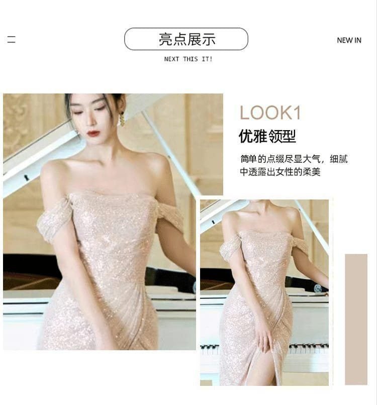 Evening Dress Fine Flash Light Luxury High Temperament Bridal Engagement Banquet Dress One-word Shoulder French Travel Photo Light Wedding Dress 10 O1CN01rE06Ik1X3amH1g9Xu 2216086462868 0 cib